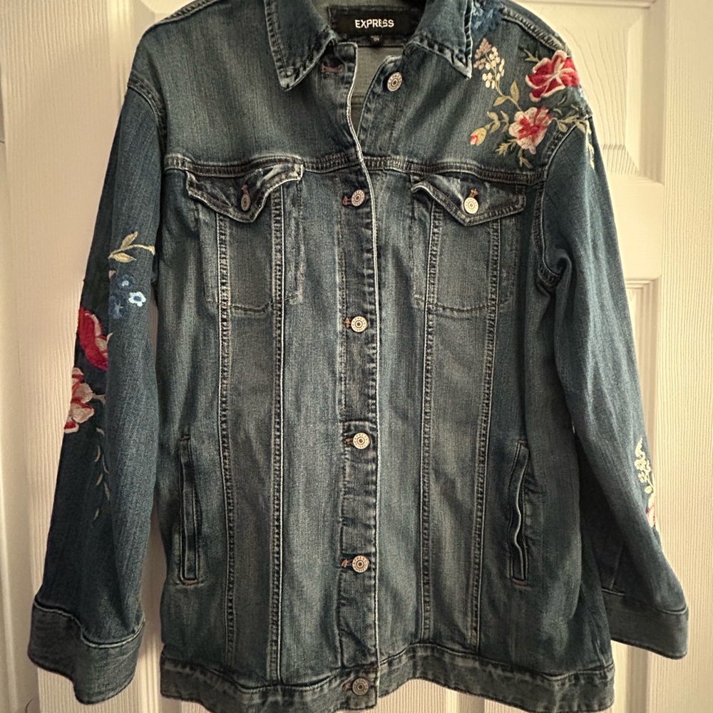 Express Blue Jean Jacket with Floral Embroidery